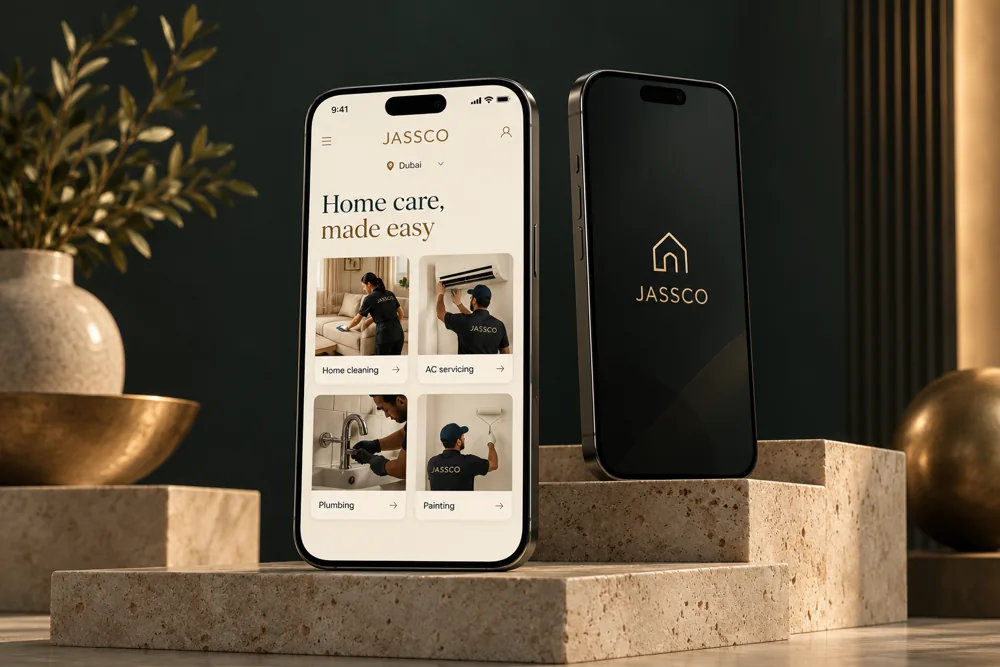 Illustrative Jassco app design on two phones